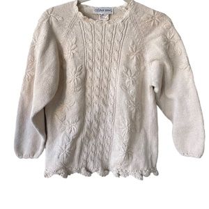 CELINA YANG fisherman knit sweater with lace cuff details & stitched floral Sz S